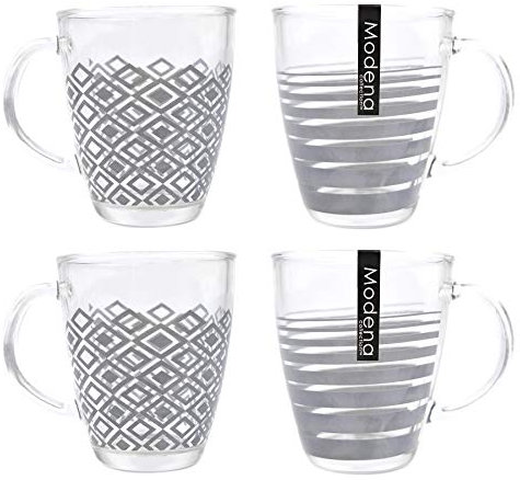 YöL Set of 4 Coffee Mugs Tea Cups Glasses Geometric Pattern Grey Clear Glass Home Office Work 340ml