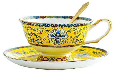 YBK Tech Cup& Saucer Set Bone China Tea Coffee Cup for Breakfast Afternoon Tea- Classic Enamel Patterns (Yellow)