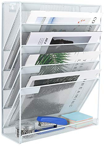 EasyPAG 6 Tier A4 Mesh in Tray Hanging Wall File Holder Mail Organiser Magazine Storage Rack,White