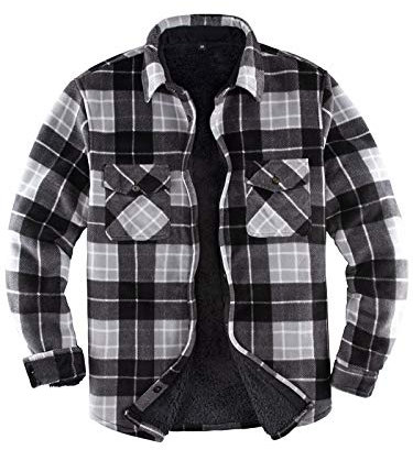 ZENTHACE Herrenjacke aus warmem Sherpa-Fleece, kariert, Flanellhemd (komplett mit Sherpa-Fleece gefüttert) schwarz/grau L