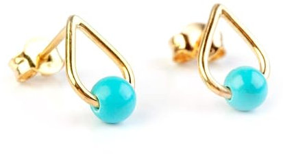 Elegant jewel box DUTY-FREE Women Solid gold turquoise earrings in 9k, 14k & 18k, Unique Turquoise studs earrings, geometric pear shape studs with turquoise beads, best friend gift