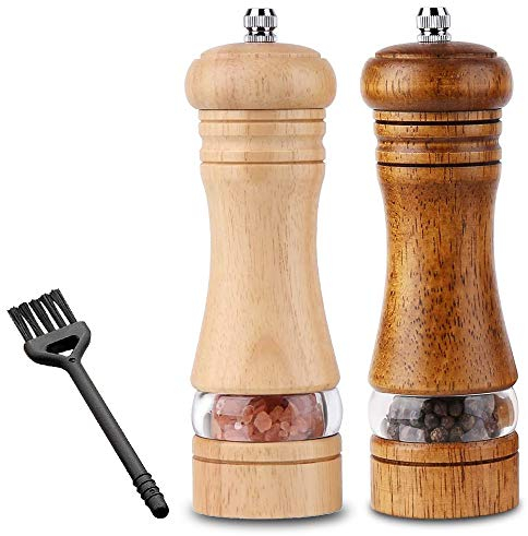 C100AE 2er Set Salz und Pfeffermühle Holz Manuelle Salzmühle Gewürzmühle mit Einstellbar Keramikmahlwerk Salz und Pfeffer Mühle Nachfüllbar mit Reinigungspinsel (Höhe 16,5 cm)