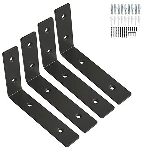 6 Inch Shelf Brackets, Wall Shelf Bracket L Shape 4 Pcs,Industrial Shelf Angle Braces Brackets for Rustic Shelf, Scaffold Board,with Matching Screw and Anchors- Black