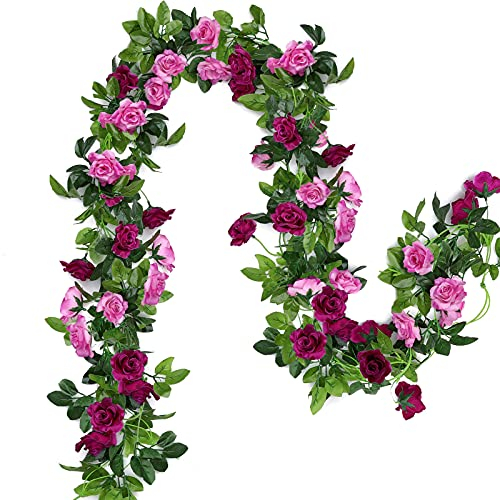 Floweroyal 2 Stück Blumengirlande Künstliche Rosengirlande 15.8FT Gefälschte Rosenranken Seidenblumen Hängend für Hochzeitsbogen Party Heim Garten Mauer Dekor(Magenta)