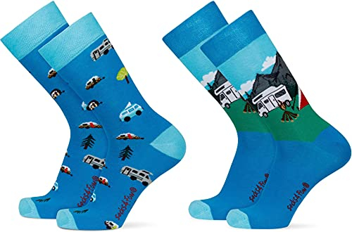 2 Paar Lustige Socken | gemusterte Socken mit verschiedenen Motiven und Farben | Mit Piqué-Komfortbund | Aus Baumwolle, Polyamid und Elasthan Farbe Camping Größe 36-41