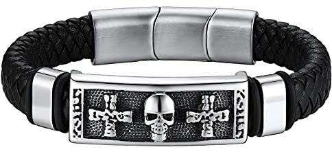 FaithHeart Bracelet Personnalisé Prénom Homme Bracelets Tête de Mort Cuir Tressé Magnétique Crane Bijoux Cadeau Personnalisable