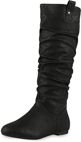 VAN HILL Damen Schlupfstiefel Warm Gefütterte Stiefel Nieten Wildleder-Optik Schuhe Flache Slouch Boots 610607 Schwarz 42