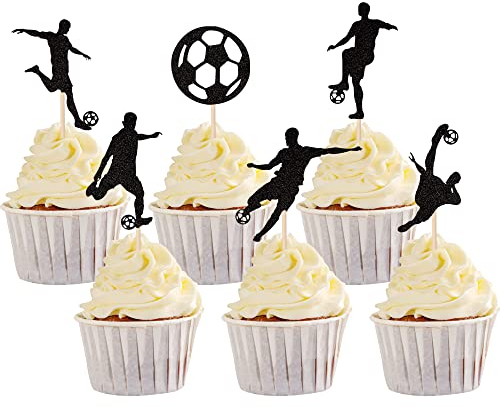 SYKYCTCY 30 Pack Soccer Cupcake Toppers Glitter Soccer Ball Cupcake Picks Sport Cake Decorations Football Theme Birthday Party Baby Shower Kids Boys Men Birthday Party Favors Supplies Black