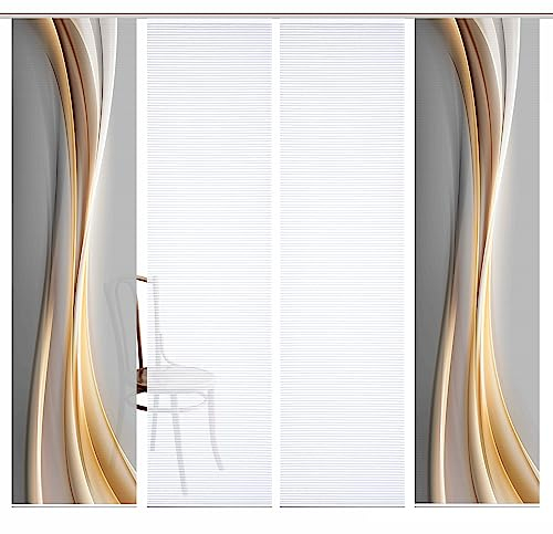 HOME in green 84070 ELANIA Schiebegardine aus recyceltem Polyester, halbtransparent, Farbe:Gold, Größe:245 x 60 cm, Anzahl:4er-Set (2X Motiv. 2X Uni)