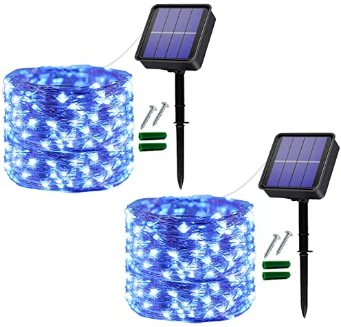 Useber Solar Lights Outdoor Garden, 2x14M Total 240LED Solar String Lights Waterproof Copper Wire Fairy Lights Outdoor Lights for Gazebo, Garden Decoration, Home, Trees, Weddings, Party(2 Pack, Blue)