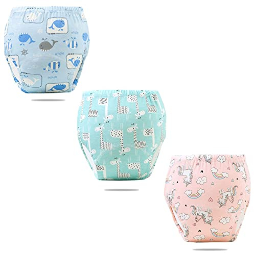 FedMois 3er Pack Baby Kleinkinder Töpfchen Trainingshose Trainerhose, Wal, Giraffe und Einhorn, 2-3 Jahre