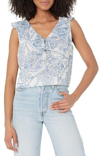 Tommy Hilfiger Bedruckter Chiffon-Rüschen-V-Ausschnitt für Damen, Elfenbeinfarben, X-Klein
