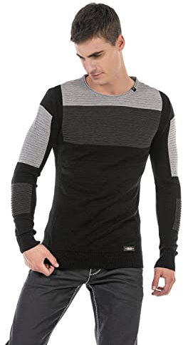 Cipo & Baxx Herren Pullover – Stylischer Strickpullover im modernen Design mit hohem Perfekt für Freizeit, Alltag & Coole Streetwear Outfits - CP247 Schwarz Anthrazit XL