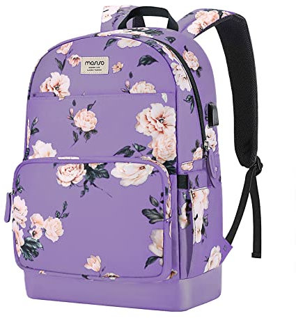 MOSISO Laptop Backpack for Women with USB Charging Port, 15.6 inch Laptop Rucksack Anti-Theft Stylish Casual Daypack Bag with Luggage Strap, Camellia Travel Backpack, Purple