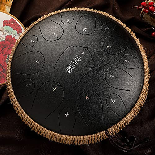Stahl Zunge Trommel, 15 Noten Zunge Trommel, 14 Zoll Handpan Drum Percussion Steel Drum Instrument, Heilung Trommel Mit Drumsticks, Ton Aufkleber Und Tragbare Reisetasche, D-Dur,Schwarz