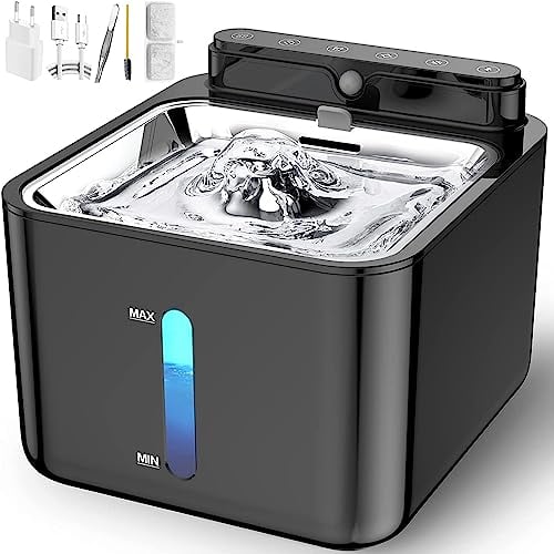 PLOOHT Trinkbrunnen für Katze Kabellos, Katzenbrunnen mit Bewegungsmelder, Katzenbrunnen Batteriebetrieben 3,2L, Eingebauter 4000mAh Wiederaufladbare Akku, mit Leiser Pumpe und Filter, Schwarz