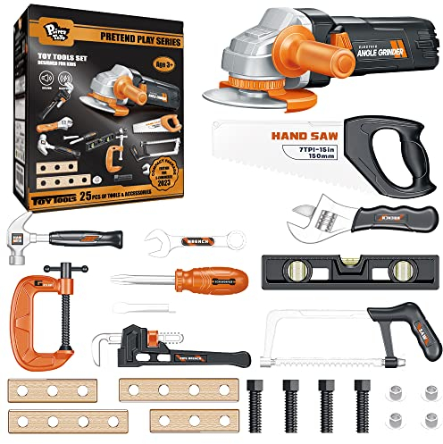 Pairez Toys Play Tools for Kids Ages 3-5, Realistic Angle Grinder, Wrench, Hammer, Screwdriver, Pretend Play Tool Box Sets, Learning & Construction Engineering STEM Toys for Children 3 4 5+