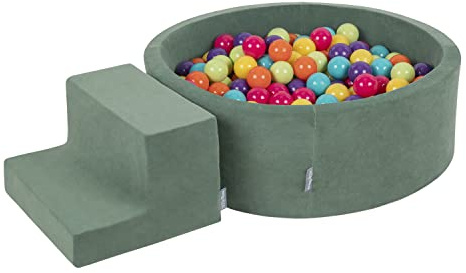 KiddyMoon Spielplatz Velvet Aus Schaumstoff Mit Rund Bällebad (100 Bälle) + Stüfchen Ballgruben Für Babys Spielbad, Hergestellt In EU, Hellgrün/Gelb/Türkis/Orange/Dunkelpink/Violett
