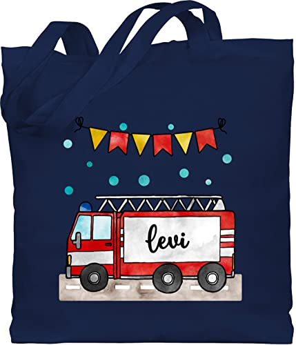 Baumwolltasche - Feuerwehrauto Motiv I Leiterwagen Geschenk Feuerwehr I Löschzug - Unisize - Navy Blau - personalisierter jutebeutel kinder kita tasche jungen jugendfeuerwehr name beutel