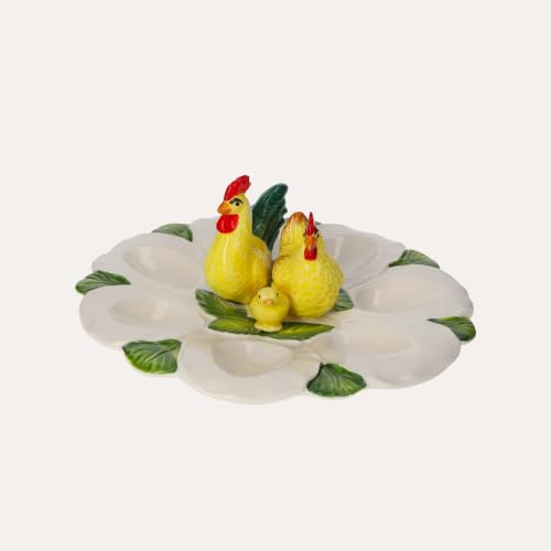 Keyhomestore - Dekorativer Eierbecher mit Hühnern und Hühnern, Farbe Weiß, 8 Plätze, aus Keramik, Höhe 11 cm, Durchmesser 24 cm, ideal als Küchendekoration und Osterdekoration