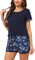 Litherday Pyjama Femme Coton Été à Manches Courtes Short Vêtements de Nuit Impression Bas de Pyjama à Carreaux Confortable Doux Respirant,Bleu Foncé,M