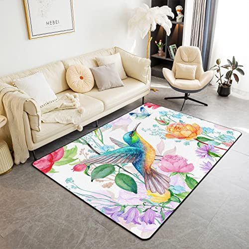 Kolibri Teppich für Küche und Balkon Outdoor Teppich Bright Floral Kolibri Weich Teppich 150x200cm Wetterfest für Kinder Mädchen Garten Blüte Blumes WohnzimmerTeppich Rose Schmetterling Bodenmatte