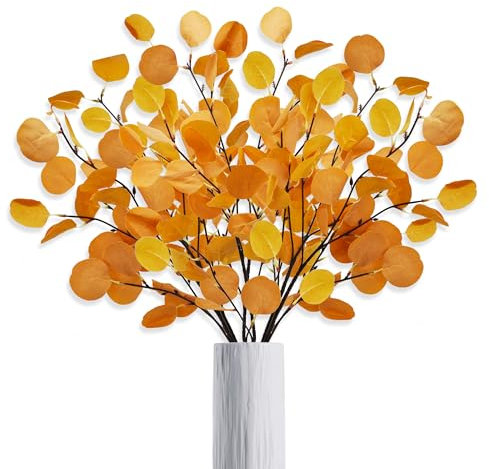 ROLLWAY 6 Hojas Artificiales de Eucalipto para Decoración de Otoño, Flores Artificiales, Ramas Decorativas Amarillas