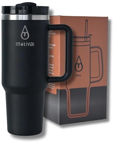 Motivai® Tumbler - 40oz - Thermobecher mit Griff und Strohhalm - Edelstahlbecher - Travel Cup - Mug to go - Trinkbecher to go - Thermosflasche - (Schwarz)