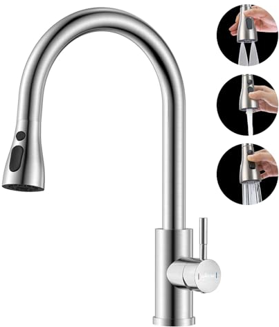 APPASO Kitchen Taps with Pull Out Spray, Sink Mixer Tap 360° Swivel, Mixer Tap with 3 Spary Modes, Kitchen Tap Brushed Stainless Steel-Double Broom