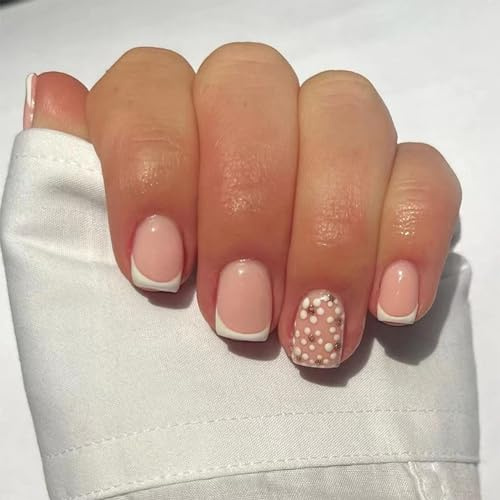 24pcs French False Nails Short Square Stick-on White Tip Press-on With Daisy Flower Removable Glue-on Fake Acrylic Full Cover Nail Art Accessories for Women Girls