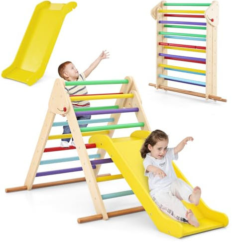 COSTWAY 3 in 1 Arrampicata Giocattolo a Triangolo per Bambini, Set di Arrampicata con Rampa di Scivolo e Inclinazione Regolabile, Arrampicatore per Bambini 1 Anno+ (Stile 2 Colorato)