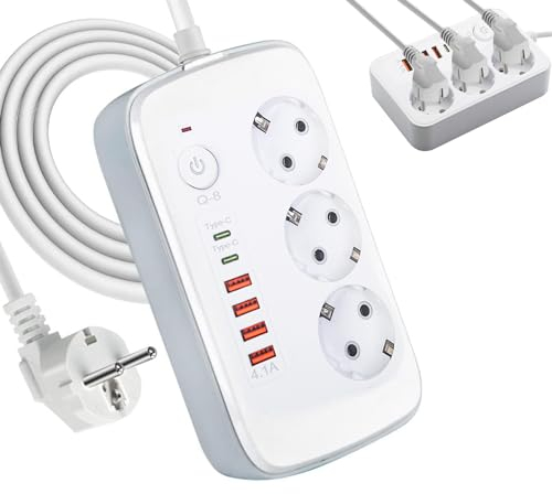Regleta de Enchufes 9 en 1 Base de Enchufe Múltiple con USB Cable Alargador 2M Base de Distribución con Interruptor para Smartphones, Ordenador Portátil, iPad (Blanco)