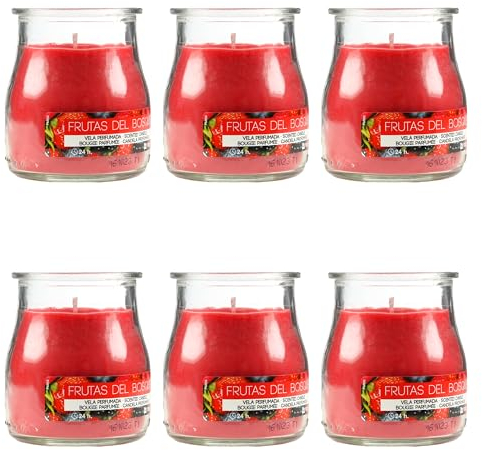 Pack de 6 Velas Aromáticas en Vaso de Yogurt de Cristal Reciclable - 24h de Duración,Cera Vegetal Perfumada, Fabricadas en España, 7x6cm (Frutas del Bosque)
