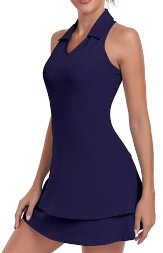 Soneven Damen Tenniskleid mit Hose Ärmellos 1/4 Zip Tennis Kleidung Set Sportkleider Sommerkleid Golfkleid Für Sport Tennis Baseball,Dunkelblau,M