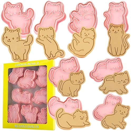 Juego de 8 Cortadores Galletas, Cortapastas de Plástico para Gatos, Molde Galletas Divertido con Temática de Gato, Bueno para Hacer Golosinas para Gatos