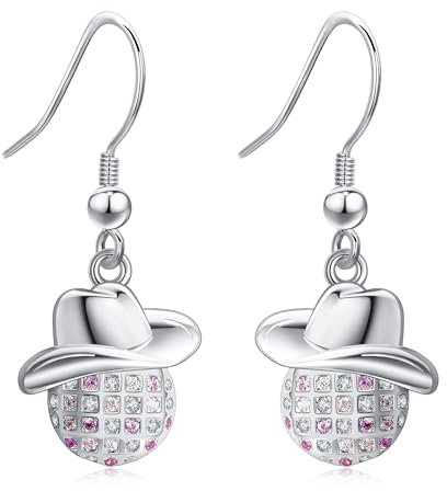 Discokugel Ohrringe Sterling Silber Spiegelkugel Cowboy Hut Baumelnde Ohrringe Tanzen Muttertag Schmuck Geschenke für Frauen