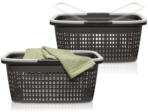 Hausfelder Wäschekorb mit Henkel 58x37x25cm, Wäschewanne groß mit Griff, 2 Wäschekörbe aus Kunststoff, 35 l (Anthrazit-Schwarz, 2 Körbe)
