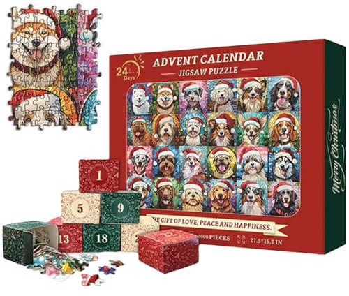 Frohe Weihnachten Hunde Jigsaw Puzzle für Erwachsene 1000 Teile | Weihnachts Spielzeug Adventskalender 2024 Puzzles | 24 Tage Weihnachts Countdown Kalender Lernspielzeug Jigsaws für Partygeschenke