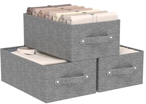ENUMAIL 3 Stück Aufbewahrungsbox Stoff, Faltbare Stoff Aufbewahrungskörbe für Regale aus Leinen, Boxen aus Vliesstoff mit Griff für Schrank, offene Stoffbehälter, 41×25×16.5 cm, Grau