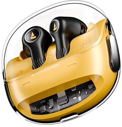 boAt New Launch Nirvana Crystl, Transparent Case,Spatial Audio, ANC(~32dB), 100Hrs Battery,4Mics ENx, Dual Pair,App Support, Bluetooth Earbuds, TWS Ear Buds Wireless Earphones with mic (Yellow Pop)
