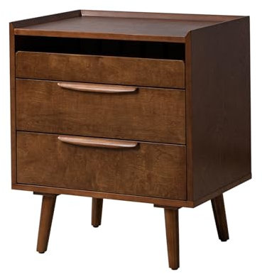 HULALA HOME Nachttisch mit Schublade Nachtschrank mit Steckdose Mitte des Jahrhunderts moderner Nachtkommode mit Massivholzbeine Nachttisch mit ausziehbares Regal, Walnuss