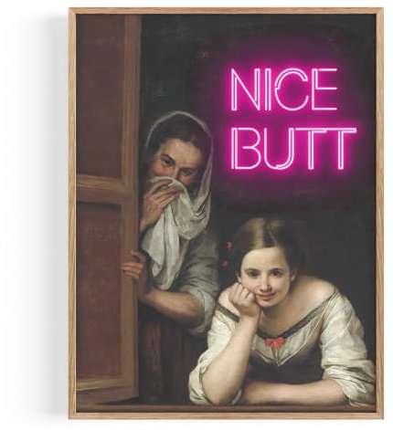 Poster Da Parete Stampe Quadri Umoristici Decorazione Bagno Quadro Divertente Stile Rinascimentale Idea Regalo Originale Toilette WC Simpatico Casa Parete Interni - Cornice in Rovere - 30x40cm