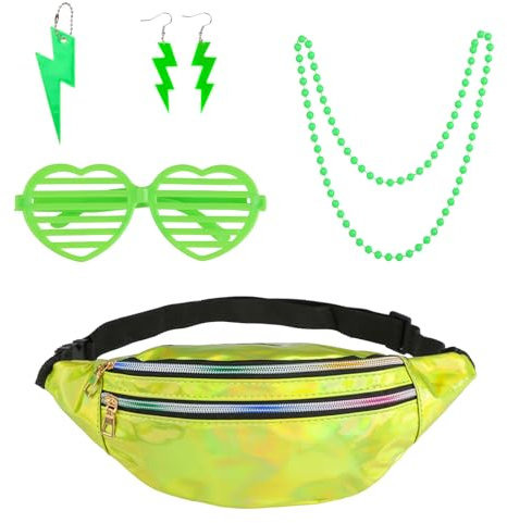JIANGZHIB 90er 80er Jahre Outfit Damen Accessoires, 80er Jahre Accessoires mit Gürteltasche, Stulpen Neon, Brille, Ohrring, Halskette, 80er Neon Party Outfit Accessoires Grün für Karneval Thema Party