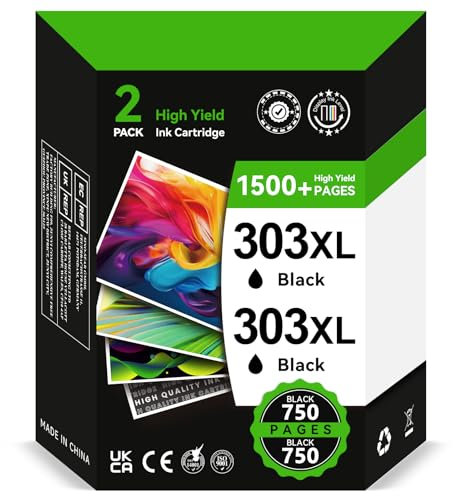 INKYEAH 303XL Druckerpatronen Schwarz- 2X 750 Seiten, Kompatibel für Original HP 303 Schwarz Druckerpatronen, 303 XL für Envy Photo 7134 7830 6232 6230 7130 6220 6234 7100 7155 7800 7834 Tango X