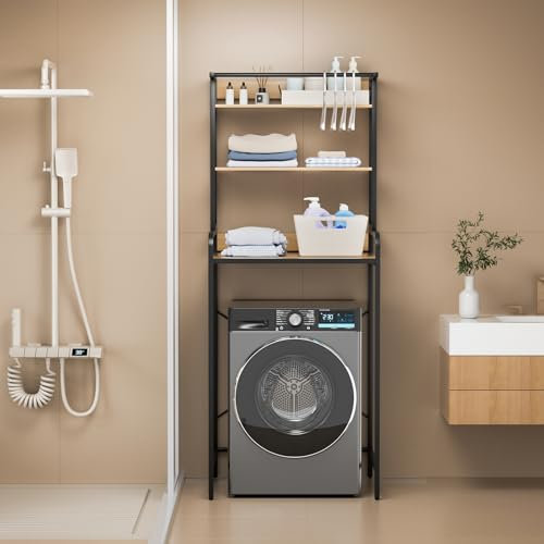 locwanot 3-Tier Adjustable Laundry Room Storage Rack - Over Washer Dryer Organizer with Anti-Skid Feet, Space-Saving Iron Utility Shelf for Bathroom, Kitchen, and Balcony - Easy Assembly Black