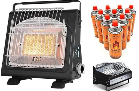 SMH LINE® 2in1 Tragbare Gasheizung Camping Gasstrahler Heizung Outdoor Zelten Wohnwagen 1.7 KW Brenner Kocher + Butan Gas Gaskartuschen Keramik Heizstrahler (Gasheizung mit 28x Gas)