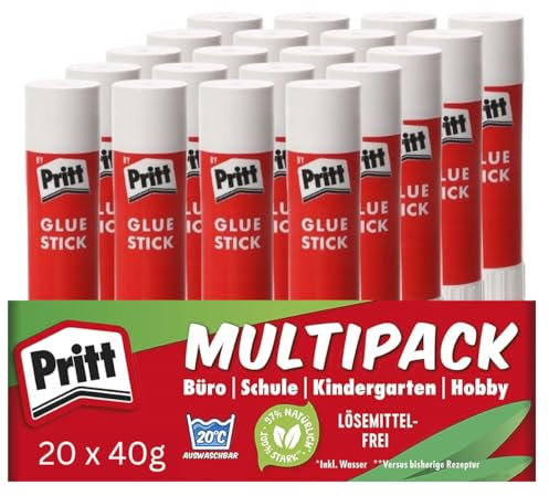 Pritt Klebestift – Kinderfreundlicher & langlebiger Bastelkleber mit 97% natürlichen Inhaltsstoffen, starke Haftung, saubere Anwendung ohne Wellen, ideal für Schule, Büro, Heimbedarf (20 x 40g)