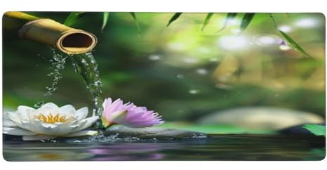 Mexpekil Grand tapis de souris Zen Garden Lotus Bambou Japon antidérapant XL 900 x 400 mm, long tapis de clavier de jeu avec base en caoutchouc pour bureau étendu