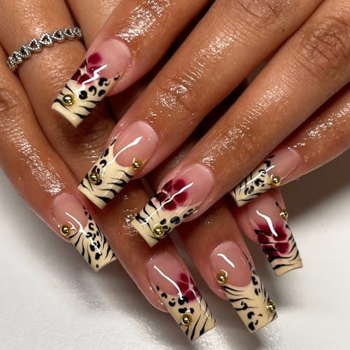 French Leopard Print False Nails - 24pcs Medium Length Coffin Press on Nails - Black White Stick on Nails French Tip - 12 Sizes Artificial Fake Nail with Plum Blossom Design for Women Girls