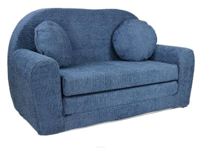 FORTISLINE - Kindersofa David - Klappsofa mit Verlängerung aus Plüsch - Schlafcouch 100 x 60 x 50 cm - Ausklappbares Sofa mit 2 Kissen - Oeko-TEX Zertifiziert - in 6 Farben - Blau